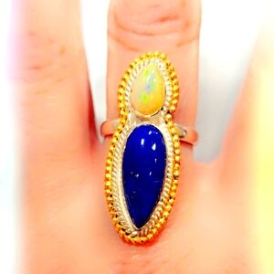 Lapis & Ethiopian Opal Custom Sterling Silver Vermeil Double Stone Gemstone Ring